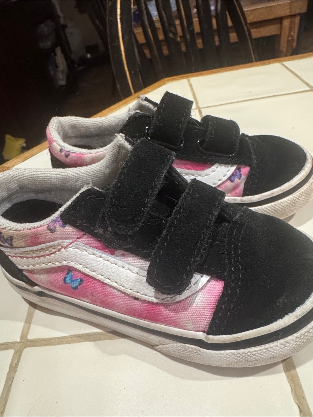 Vans Kids Black and Pink Butterfly Skate Sneakers with Velcro